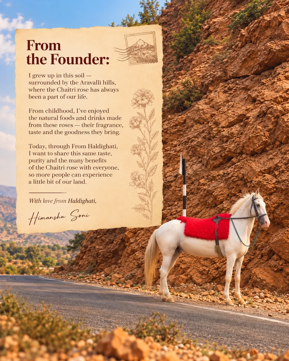 A letter from the founder, Himanshu Soni, on parchment beside a white horse on a road through the Aravalli hills near Haldighati